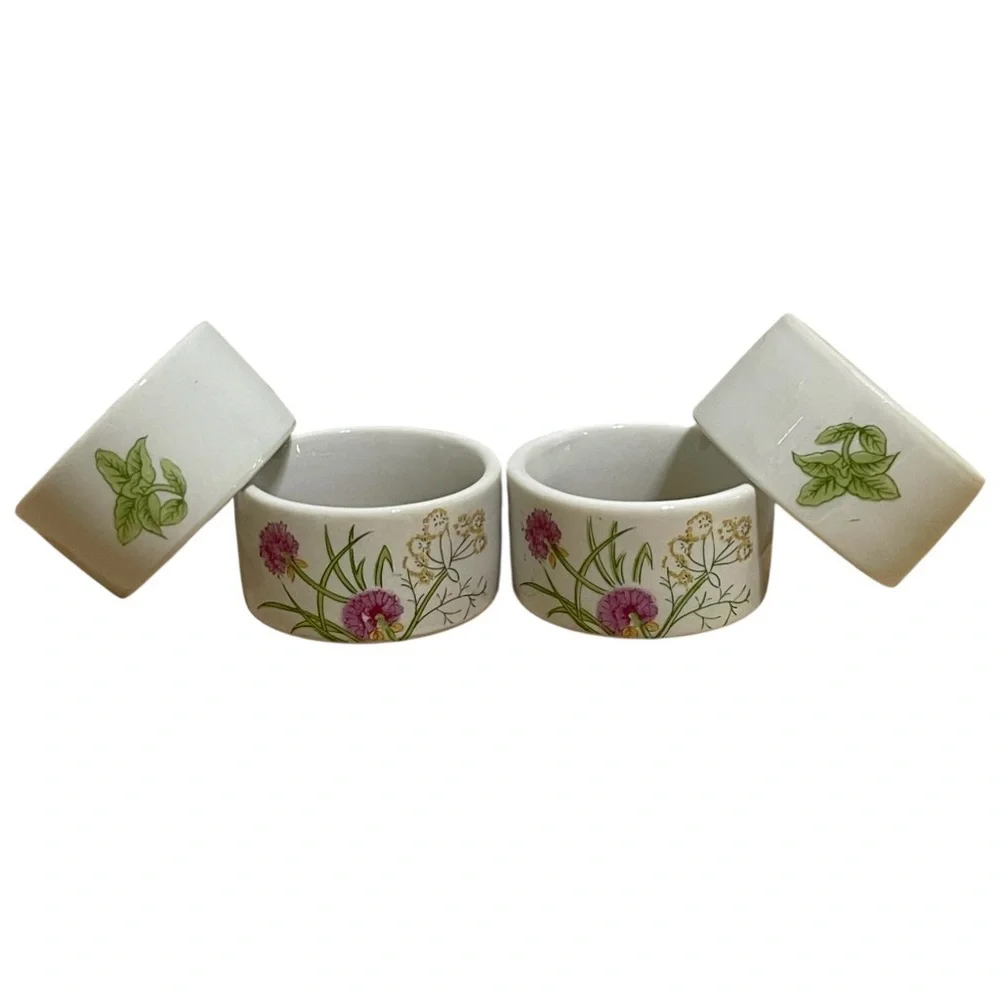 Vintage Herbs & Spices by Shafford Japan Porcelain Floral Napkin Rings Set of 4